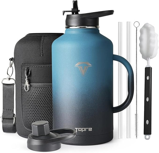 64oz Water Bottle Insulated with Handle,Double-Wall Vacuum Stainless Steel (Cold for 48 Hrs), Half Gallon Water Jugs,Reusable Metal Water Flask with Carry Pouch,Straw & Spout Lid,Indigo Black