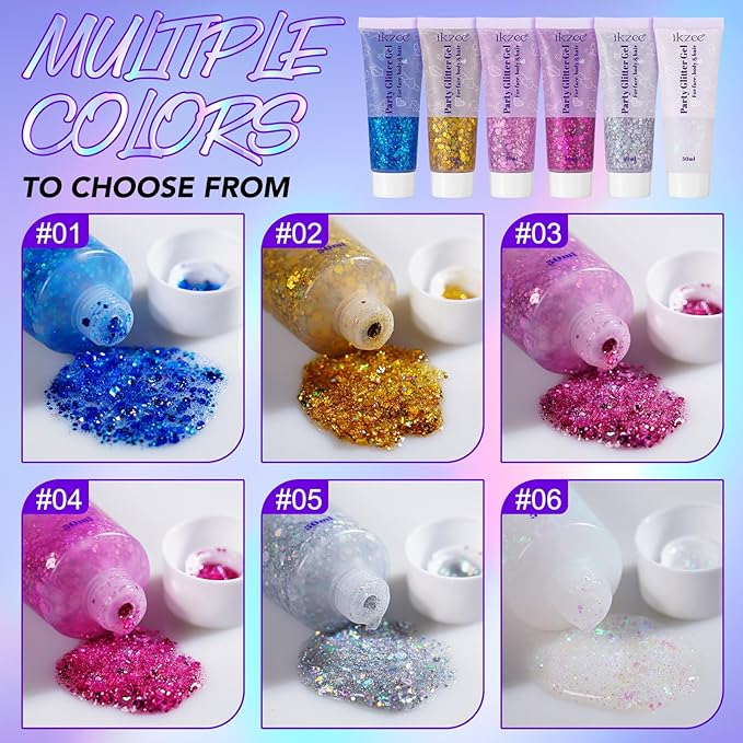 6Pcs Body Glitter for Women - Holiday Glitter Gel for Face &Body & Hair & Nail DIY|Hair Glitter Gel Create A Stunning Visual Feast |Multiple Purpose Body Glitter Gell Long Lasting Mermaid Series Set