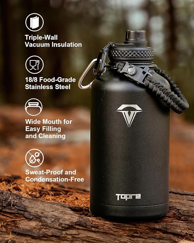 64oz Insulated Water Bottle,Half Gallon Water Flask Stainless Steel Vacuum, Cold for 48 Hrs,BPA-Free & Leakproof -with Paracord Handle,Strap,Straw Spout Lids,Large Jug for Gym Sports,Black