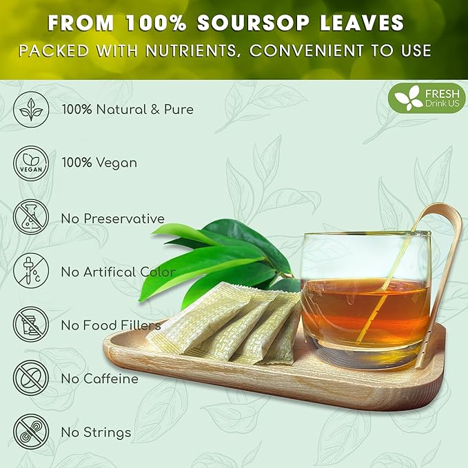 FreshDrinkUS, 15 Premium Soursop Graviola Leaf Tea Bags, 100% Natural and Pure from Soursop Leaves, Handmade, Made With Natural Materials-Corn Fiber Tea Bag, Sugar/ Caffeine/ Gluten Free, Hoja Guanabana Tea
