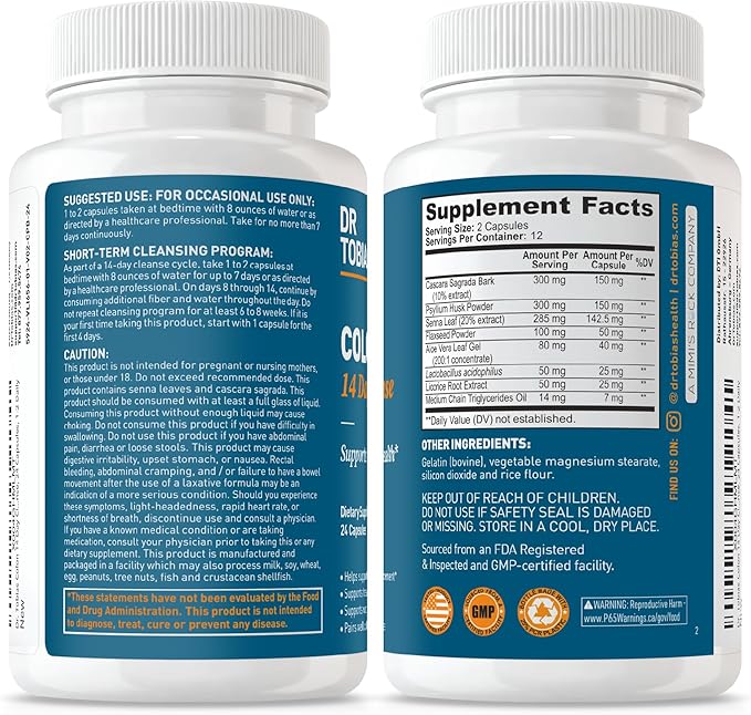 Dr. Tobias Colon 14 Day Cleanse, Advanced Gut Cleanse Detox for Women & Men with Cascara Sagrada, Psyllium Husk, Senna Leaf & Probiotics, Non-GMO Colon Cleanse, 24 Capsules, 1-2 Daily