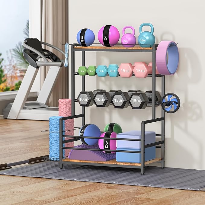 Gym Home Equipment Weight Rack – 3‑Tier Workout Storage Stand for Dumbbells & Kettlebells, Medicine Ball Holder, 460 lb Steel Organizer with Yoga Mat Basket, Hooks, Adjustable Feet, 24 x 16 in