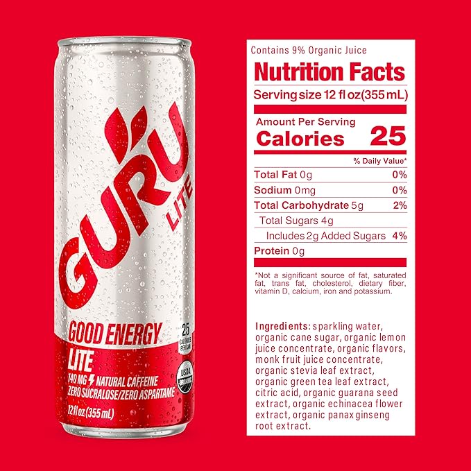 GURU Lite Organic Energy Drinks, Clean Energy Drink with Plant Based Natural Caffeine from Green Tea, Low Calorie, Gluten Free and Vegan, 140MG Caffeine, Healthy Drinks, 12oz (Pack of 12)