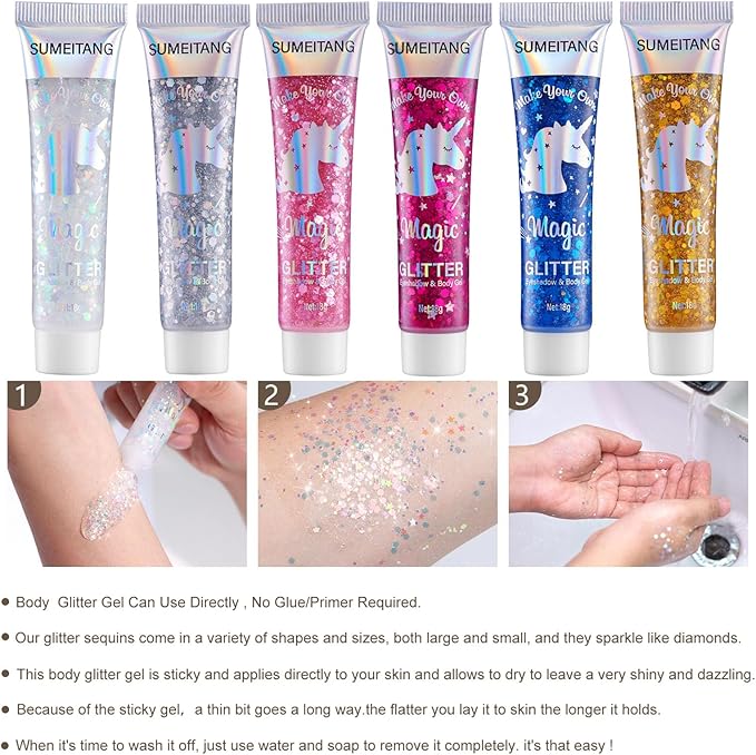 6PCS Pink Face Body Glitter Gel,Mermaid Holographic Sequins Chunky Glitter Paint for Party Singer Concerts Music Festival Rave Accessories for Girls Women Face Body Hair Sparkling Makeup