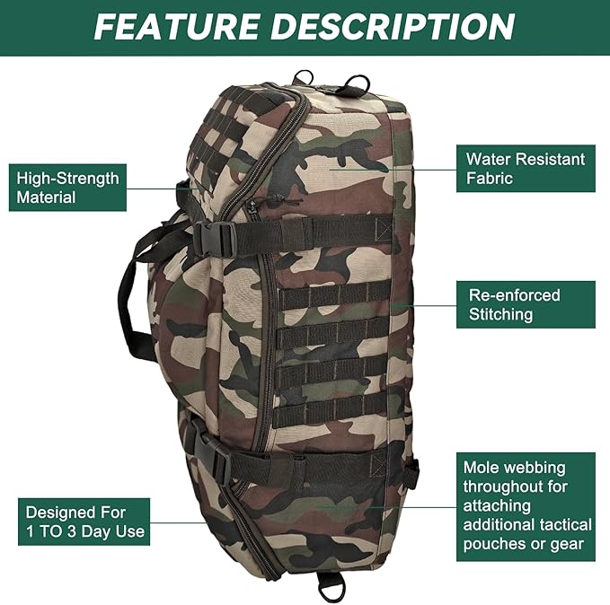 65L Large Duffle Bag, 3-in-1 Tactical Backpack MOLLE Pack for Gym, Sports, Outdoor, Woodland