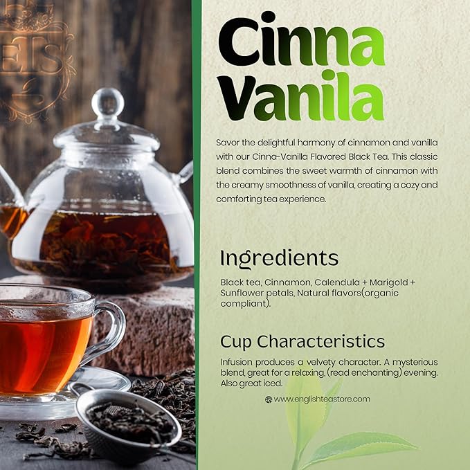 English Tea Store Cinna-Vanilla Flavored Black Tea | Loose Leaf Tea Pouches - 4oz Pouch | Warm Cinnamon and Creamy Vanilla Blend | Ceylon Tea Base | Cozy and Aromatic Cup | Serve Hot or Iced