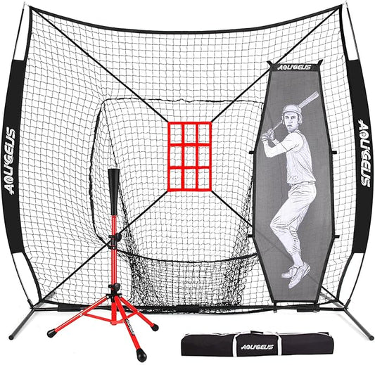 7'X7' Baseball Softball Practice Net,Pitching Net,Batting Net,with Baseball Tee,Bonus Strike Zone and Bow Frame,for Hitting,Pitching, Catching