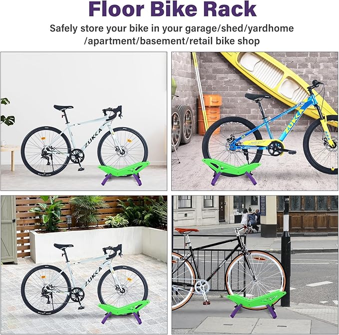 Adjustable Bike Parking Stand Fits 16-29 Inch Bicycles, Compatible with 23c-3.0 Tire Width – Heavy-Duty Plastic, Easy Installation, Stylish Two-Tone Design (Green&Purple(2 Pack))