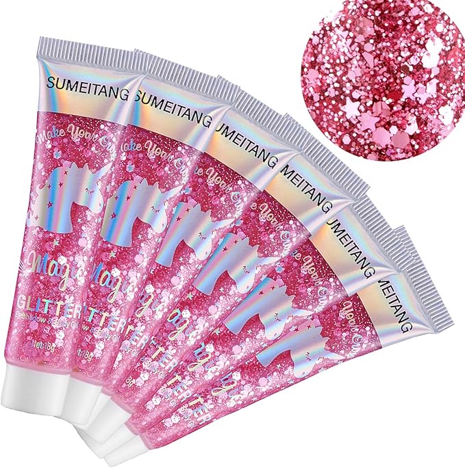 6PCS Pink Face Body Glitter Gel,Mermaid Holographic Sequins Chunky Glitter Paint for Party Singer Concerts Music Festival Rave Accessories for Girls Women Face Body Hair Sparkling Makeup