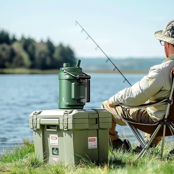 64 oz Insulated Water Bottle for Camping: Meoky Triple Wall Vacuum Stainless Steel Half Gallon Water Jug - Top and Side Handles, 2-in-1 Straw and Spout Lid, Cold for 36 Hrs, Leak Proof, BPA Free (Fir)