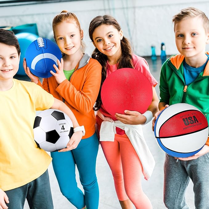 Deekin 4 Pcs Sport Balls Set for Kids Teens, Include Official Size 5 Basketball 4 Soccer 6 Football Playground Ball and Pump Sports Equipment Bag Recess Equipment Sport for Students(Bright Color)