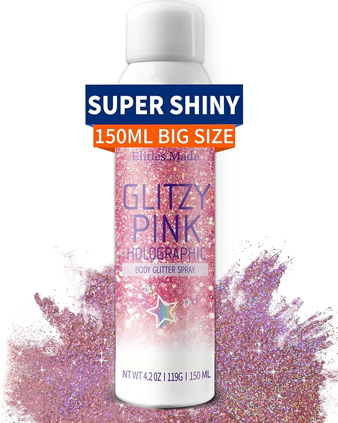 Hair Glitter Body Glitter Spray, 150ML Glitter Hairapray Holographic Pink Glitter Spray for Hair and Boday, Hair Glitter for Kids Women, Body Shimmer Festival Rave and Makeup 4.2 Fl Oz