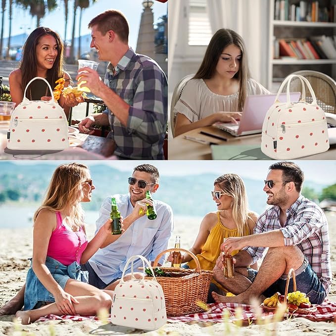 FlowFly Insulated Lunch Bag for Women – Corduroy Lunch Tote Box, Cute Cooler Bag for Work, Travel, Picnic,Corduroy Strawberries RoseRed