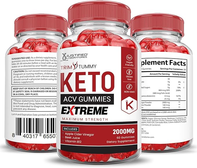 (3 Pack) Trim Tummy Keto ACV Gummies Extreme 2000MG Trim Tummy Keto Gummies Apple Cider Vinegar Formulated with Pomegranate Beet Juice Powder B12 Vegan Non GMO 180 Gummys