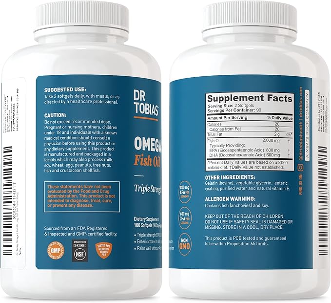 Dr. Tobias Omega 3 Fish Oil, 2000mg Triple Strength with 800mg EPA 600mg DHA Per Serving, Fish Oil Omega 3 Supplements for Heart, Brain & Immune Support, 360 Softgels, 180 Servings