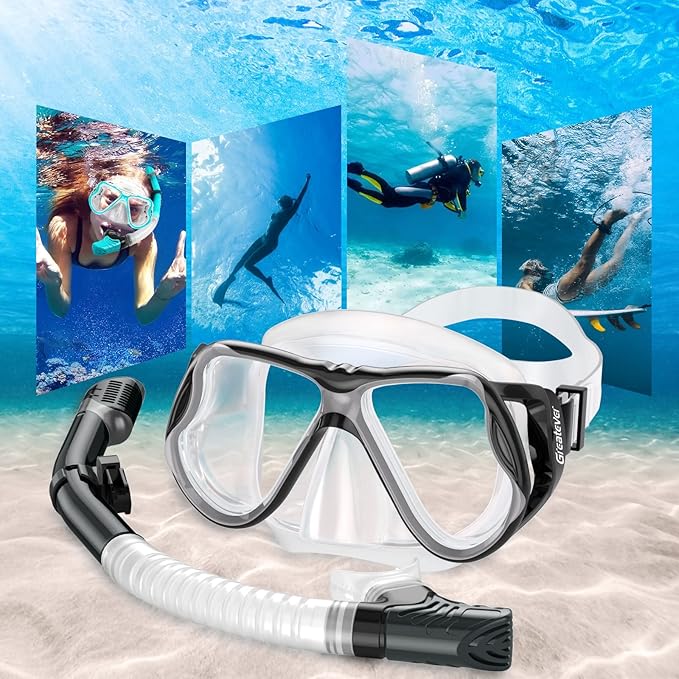 Greatever Dry Snorkel Set,Panoramic Wide View,Anti-Fog Scuba Diving Mask,Professional Snorkeling Gear