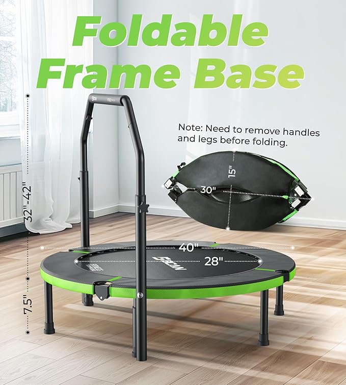 BCAN 40"/48" Foldable Mini Trampoline, Rebounder Trampoline for Adults, U/T Shape Adjustable Foam Handle, Exercise Rebounder for Adults Indoor/Garden Workout, Max Load 330lbs/440lbs