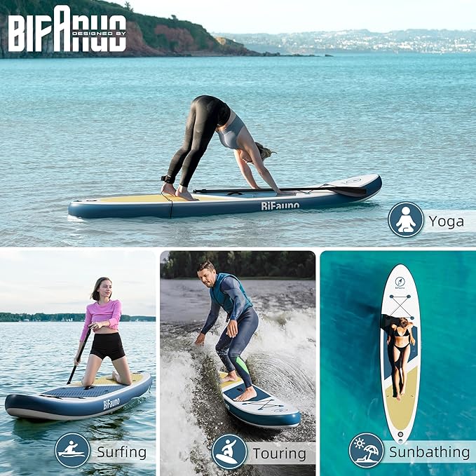 Inflatable Stand Up Paddle Board with SUP Accessories & Backpack. Paddle Boards for Adults. Non-Slip Deck, Wide Stance, Bottom Fin, Double Action Pump.
