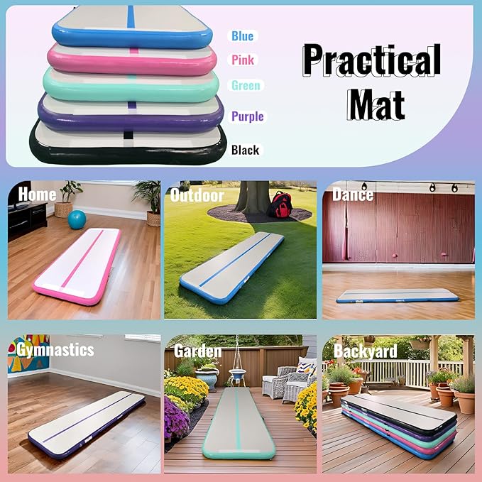 DOBESTS Inflatable Air Gymnastics Mat Tumbling Mat Tumble Track Gymnastics Training for Kids Home 6.6 feet 10 feet 13feet 16feet 20feet 4/8inch Thick for Cheerleading Dance Yoga Cheer Water With Pump