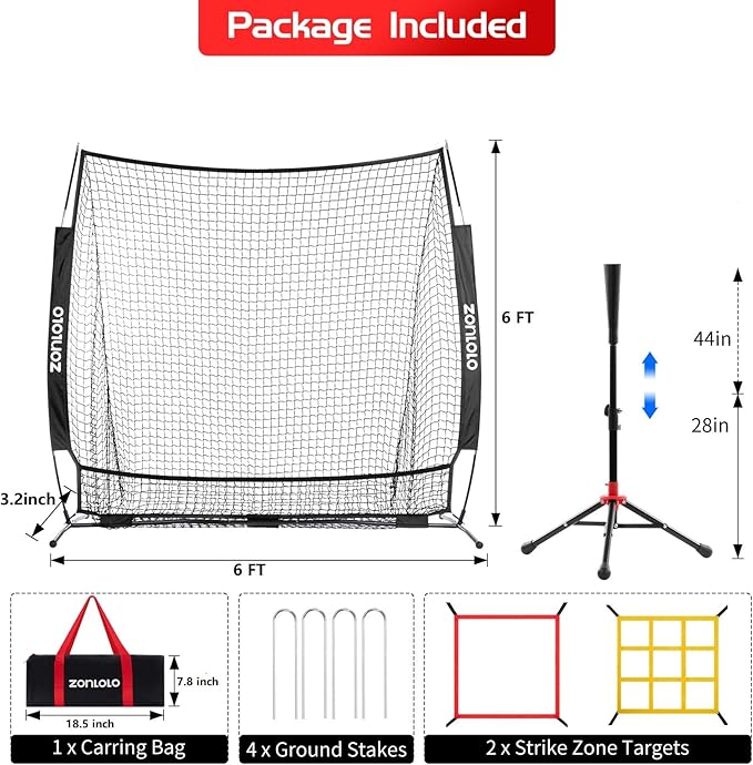 6x6ft Baseball & Softball Net for Hitting,Pitching and Batting, Throwing,Baseball net with Sturdy Bow Frame,Battting Tee,Strike Zone, Middle Size,Suitable for Kids!