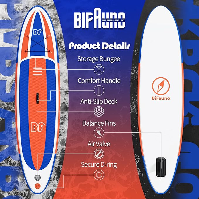 Inflatable Stand Up Paddle Board with SUP Accessories & Backpack. Paddle Boards for Adults. Non-Slip Deck, Wide Stance, Bottom Fin, Double Action Pump.