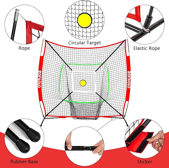 6x6ft Portable Baseball & Softball Net for Hitting and Pitching, with Sturdy Bow Frame and Carry Bag, Special Circular Target and Strike Zone for Accurate Throwing Practice, Great for Kids