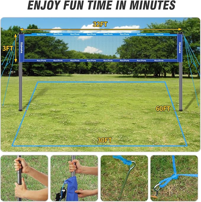 Badminton & Volleyball Combo Set 32 ft with Net, Anti-Sagging Design, 4 Badminton Rackets, 3 Birdies and PU Volleyball for Backyard Lawn Beach