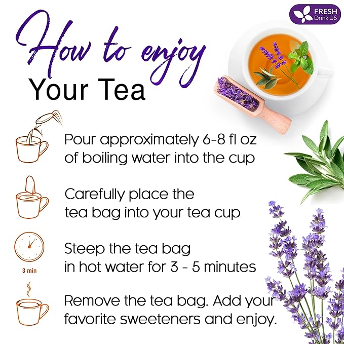 FreshDrinkUS, Premium 55 Tea Bags Lavender Mint Tea, 100% Natural, Blend of Lavender, Peppermint, Sage and Licorice. Made with Natural Material Tea Bags. No Sugar, No Caffeine, Vegan.