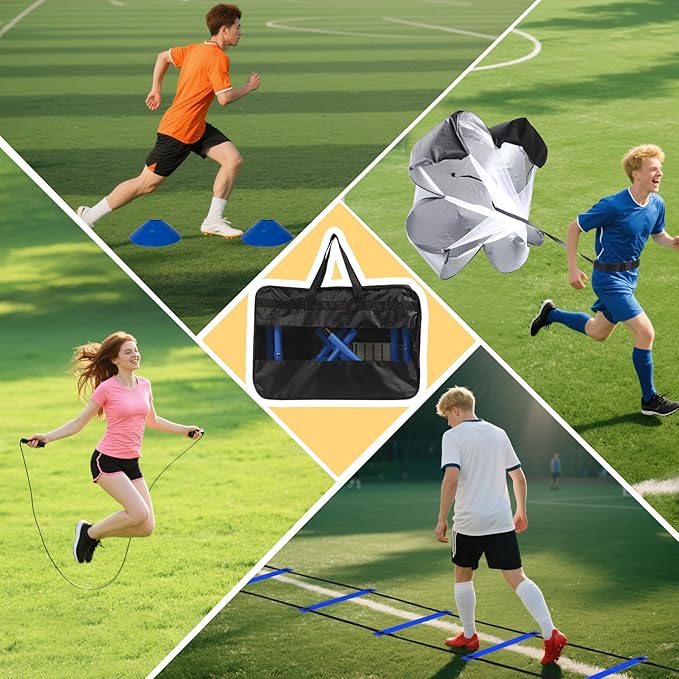 Agility Ladder, Agility Speed Training Set, 20ft 12 Rung Agility Ladder, 4 Agility Hurdles, 5 Resistance Bands, 12 Resistance Cones, Running Parachute, Jump Rope for Athletes, Adults