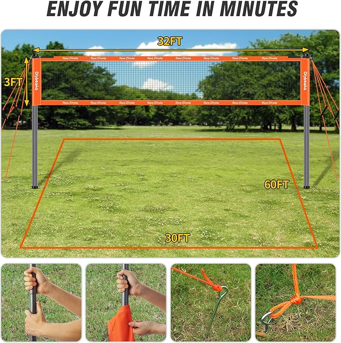 Badminton & Volleyball Combo Set 32 ft with Net, Anti-Sagging Design, 4 Badminton Rackets, 3 Birdies and PU Volleyball for Backyard Lawn Beach