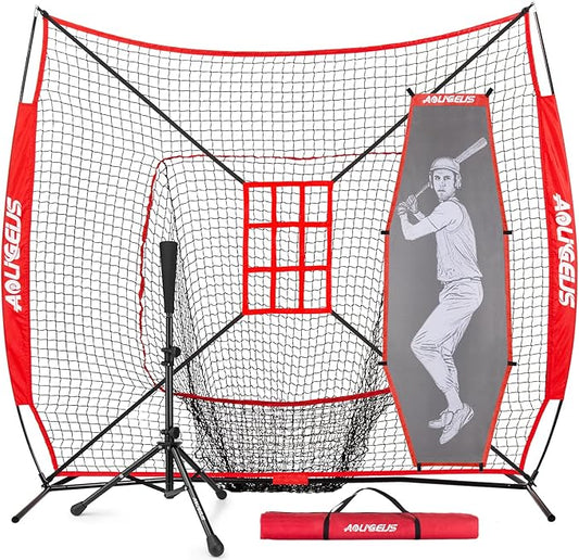 7'X7' Baseball Softball Practice Net,Pitching Net,Batting Net,with Baseball Tee,Bonus Strike Zone and Bow Frame,for Hitting,Pitching, Catching