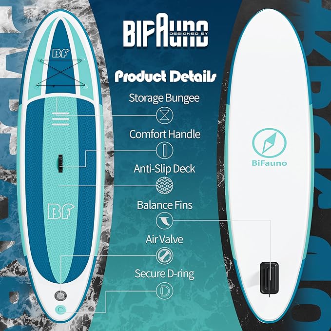 Inflatable Stand Up Paddle Board with SUP Accessories & Backpack. Paddle Boards for Adults. Non-Slip Deck, Wide Stance, Bottom Fin, Double Action Pump.