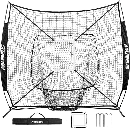 7'X7' Baseball Softball Practice Net,Pitching Net,Batting Net,with Baseball Tee,Bonus Strike Zone and Bow Frame,for Hitting,Pitching, Catching