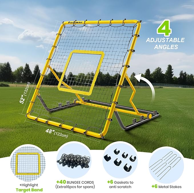 Baseball Rebounder Net,4x4.5FT Multi-Sport Pitch Back Rebounder Steel Frame with 4 Adjustable Angles, 40pcs Bungees Soccer, Volleyball&Lacrosse Trainer for Solo Fielding,Pitching and Reflex Training