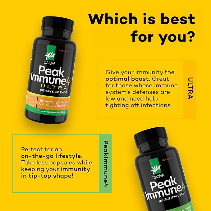 Daiwa PeakImmune4 Natural Immune Support Supplement with RBAC Rice Bran and Mycelia Extract from Shiitake Mushrooms - Ultra Strength