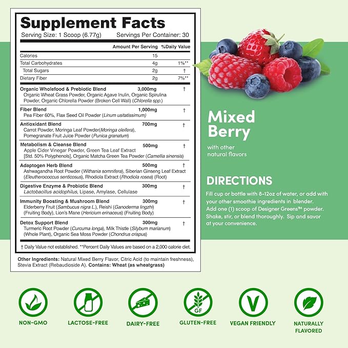 Designer Wellness, Designer Greens Superfood Powder with Prebiotics, Probiotics, Antioxidants, and Detox Support, 30 Servings