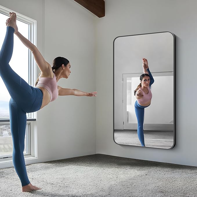 FORBATH Large Bathroom Mirror 60x36 Inches, Black Oversized Wall Mirror for 2 Sinks Aluminum Frame Wall Mounted Rounded Corner Morndern Mirror for Bathroom Bedroom Entryway Living Room