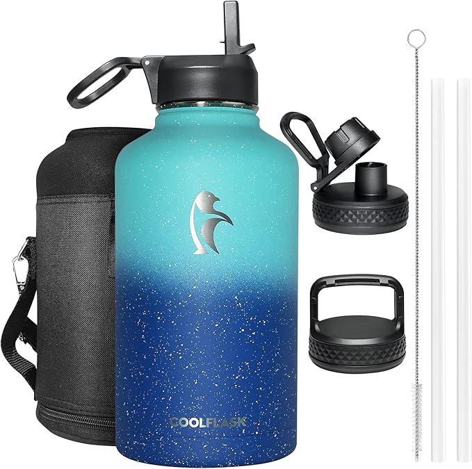 64 oz Water Bottle Insulated with Straw&3 Lids, Coolflask Half Gallon Water Jug Galaxy Large Metal Stainless Steel Vacuum Flask for Gym, Sports, Keep Cold 48H Hot 24H, Glacier Blue