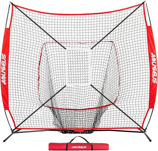 7'X7' Baseball Softball Practice Net,Pitching Net,Batting Net,with Baseball Tee,Bonus Strike Zone and Bow Frame,for Hitting,Pitching, Catching
