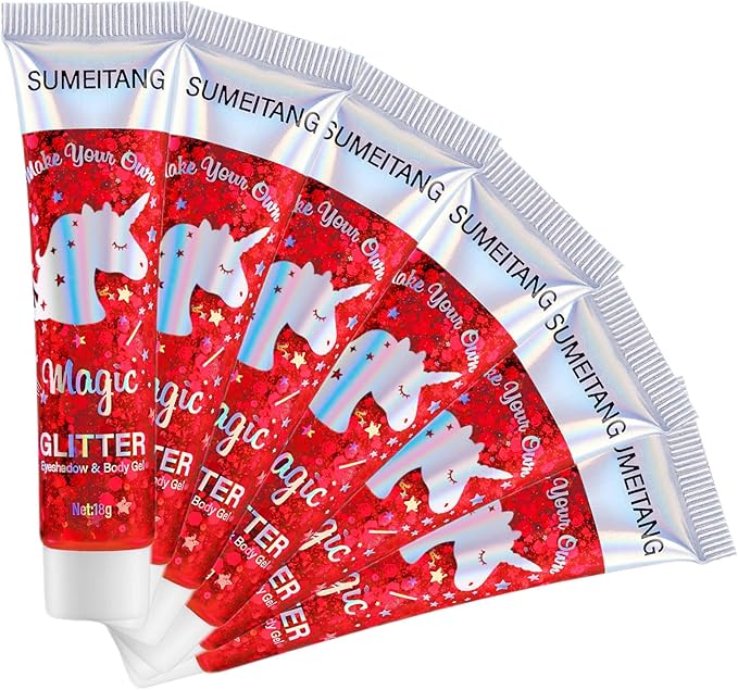 6PCS Red Face Body Glitter Gel,Holographic Chunky Sequins Body Glitter Paint for Party Singer Concerts Music Festival Rave Accessories for Girls Women Face Body DIY Sparkling Makeup