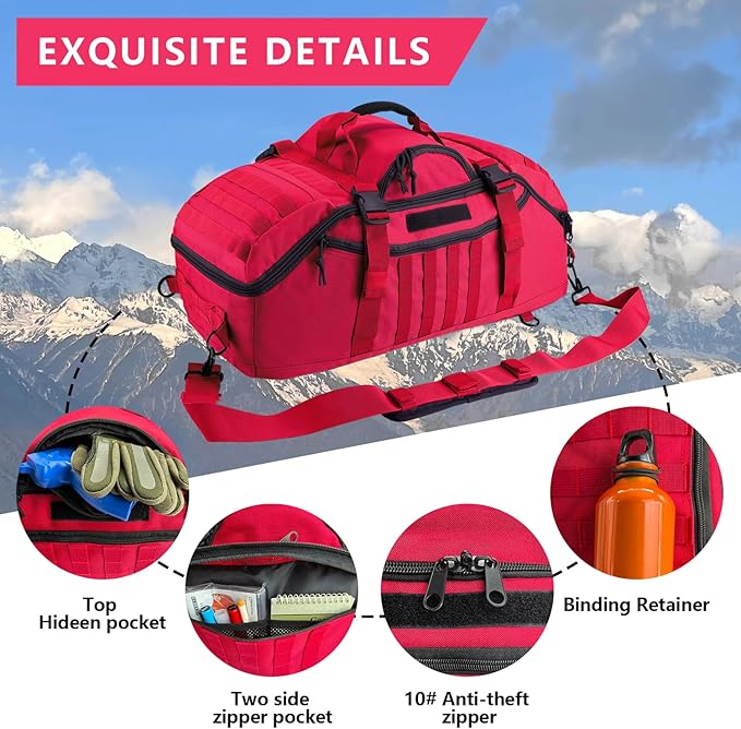 65L Large Duffle Bag, 3-in-1 Tactical Backpack MOLLE Pack for Sports, Gym, Outdoor, Red