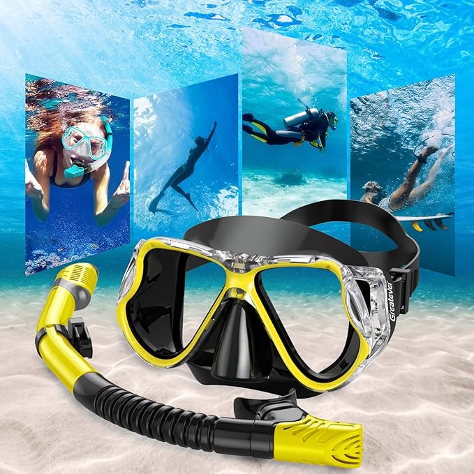 Greatever Dry Snorkel Set,Panoramic Wide View,Anti-Fog Scuba Diving Mask,Professional Snorkeling Gear