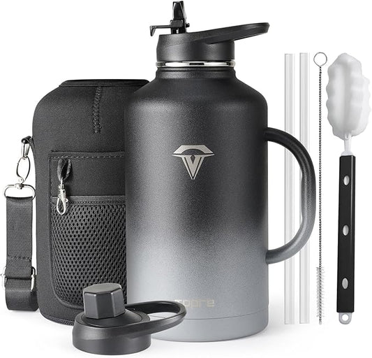 64 oz Insulated Water Bottle with Straw and Lid, Half Gallon Stainless Steel Cup with Handle,Leakproof Metal Travel Jug Flask Mug Tumbler Cup With Carry Pouch and Brush,Keep Cold & Hot,Grey