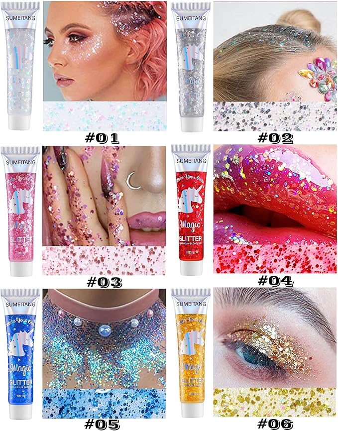 6PCS Red Face Body Glitter Gel,Holographic Chunky Sequins Body Glitter Paint for Party Singer Concerts Music Festival Rave Accessories for Girls Women Face Body DIY Sparkling Makeup