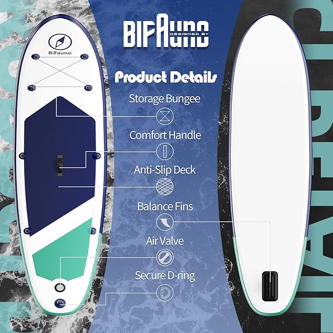 Inflatable Stand Up Paddle Board with SUP Accessories & Backpack. Paddle Boards for Adults. Non-Slip Deck, Wide Stance, Bottom Fin, Double Action Pump.