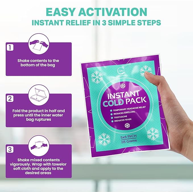 Disposable Instant Ice Packs for Injuries 100 Packs (6” x 5”) | Instant Ice Cold Pack - Cold Compress Ice Pack for Pain Relief, First Aid Essential, Swelling, Toothache, Athletes & Outdoor Activities