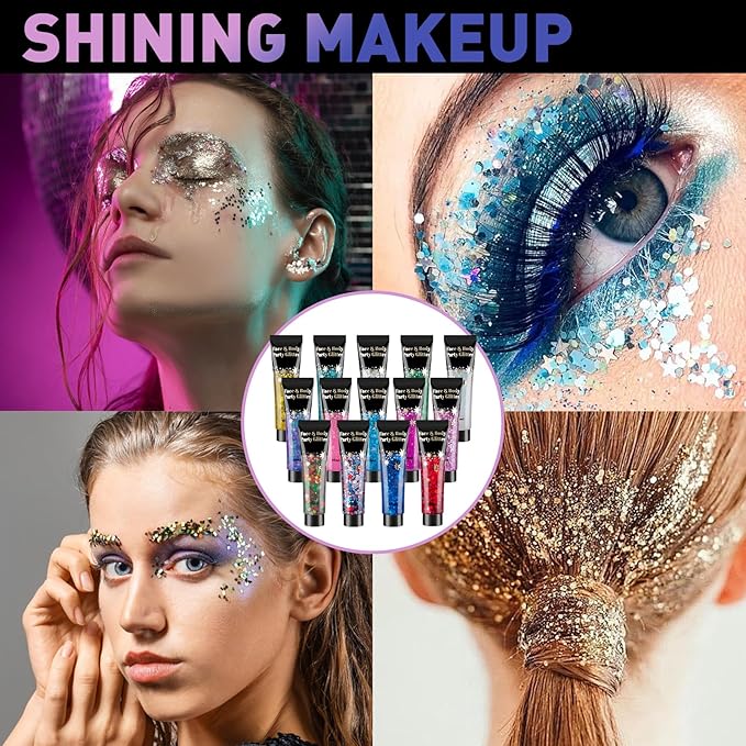 AROIC 14 Colors Body Glitter, Face & Hair Glitter Gel Set for Festival, Eye Shimmer for Women Glow in The Dark Rave Accessories Party Supplies, Face Paint Hair/Cheek/Eyelid Sparkle Makeup(18ml/Tube)