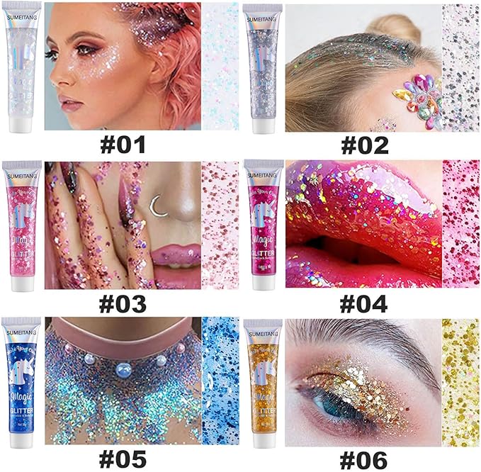 6PCS Pink Face Body Glitter Gel,Mermaid Holographic Sequins Chunky Glitter Paint for Party Singer Concerts Music Festival Rave Accessories for Girls Women Face Body Hair Sparkling Makeup