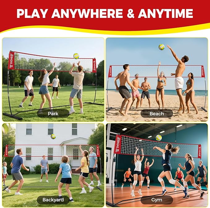 BAGAIL Volleyball Net, 12ft/20ft Portable Volleyball Net for Backyard - Adjustable Height, Heavy-Duty Frame, Freestanding Design - Portable Outdoor/Indoor Volleyball Set with Carry Bag