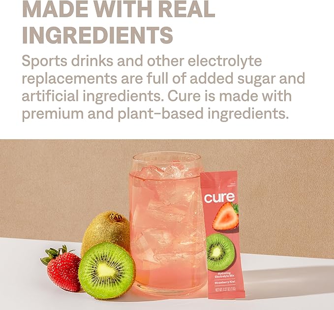 Cure Hydration | Plant-Based Electrolyte Drink Mix | No Added Sugar | FSA-HSA | Dehydration Relief Powder Made with Coconut Water | Non-GMO | Vegan | Pouch of 14 Packets - Blood Orange